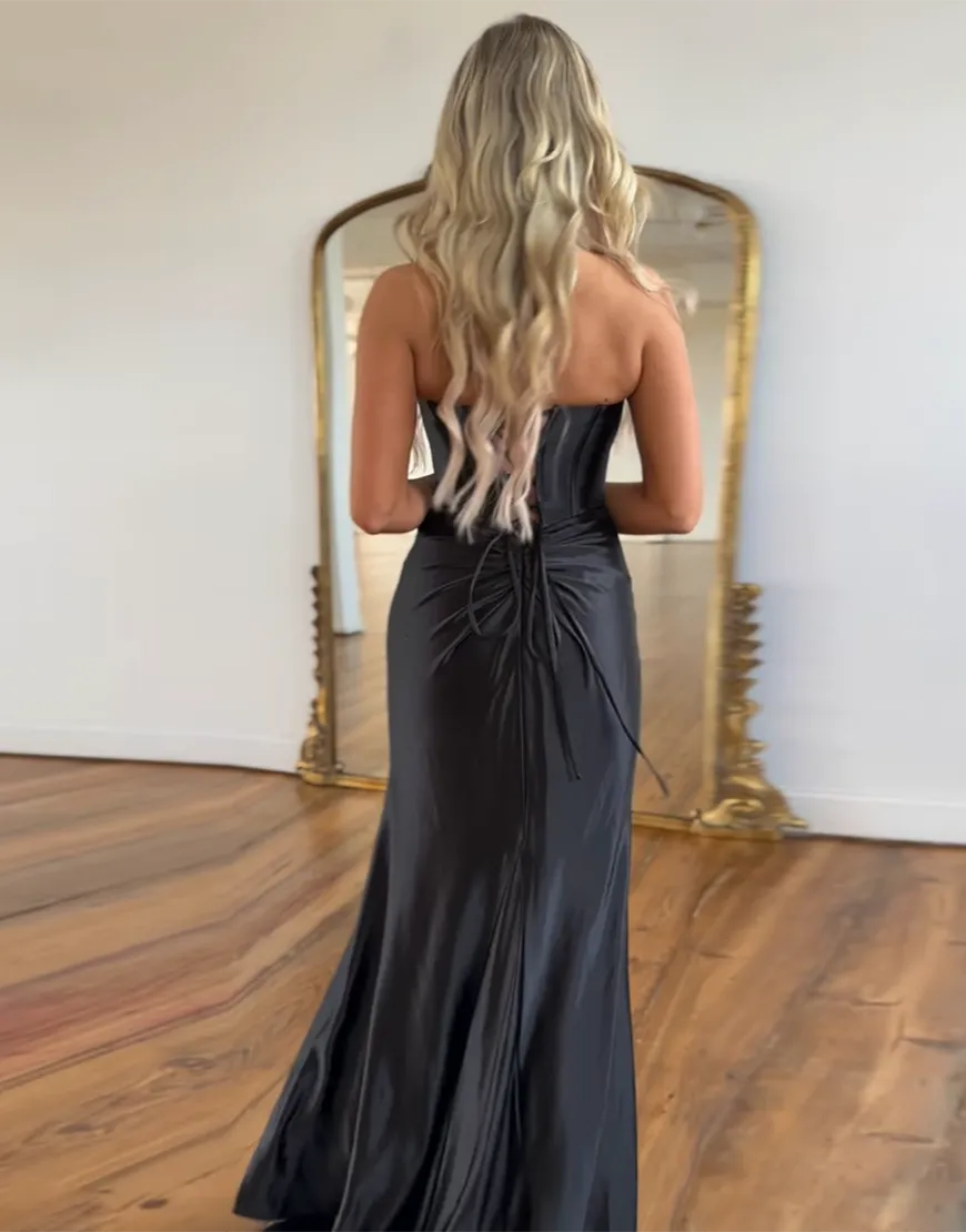 Wholesale Stylish Mermaid Strapless Lace Up Long Satin Prom Dress With Split prom dresses with long sleeves